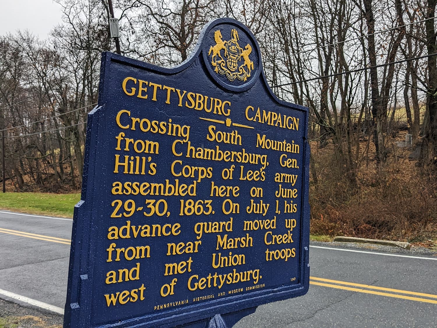 A historical marker detailing the Gettysburg Campaign and troop movements in June and July 1863.